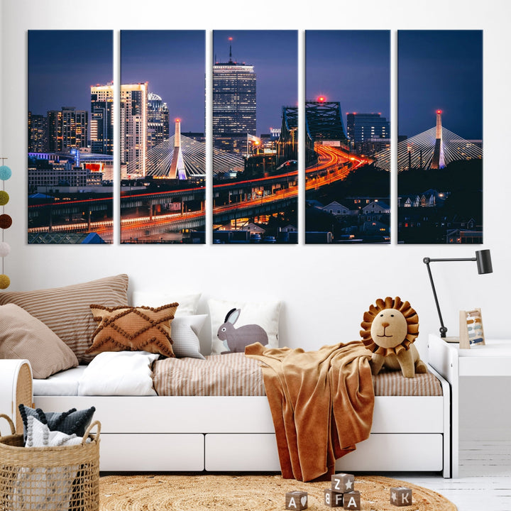 Boston Night Blue Skyline Canvas Art Print Framed Cityscape Picture Wall Decor