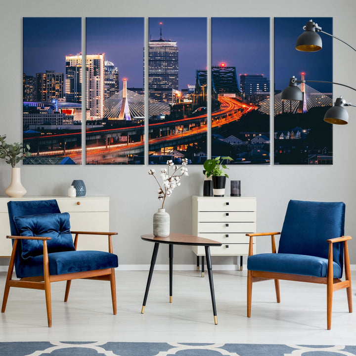 Boston Night Blue Skyline Canvas Art Print Framed Cityscape Picture Wall Decor