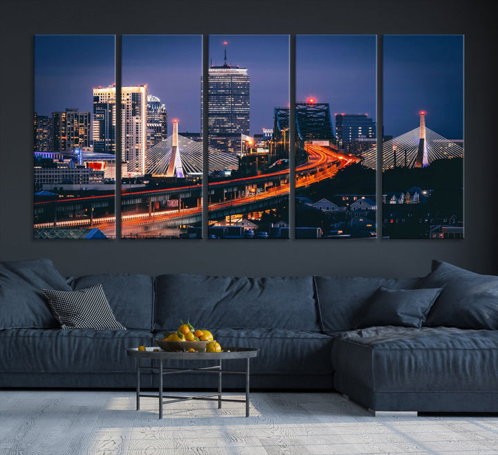 Boston Night Blue Skyline Canvas Art Print Framed Cityscape Picture Wall Decor