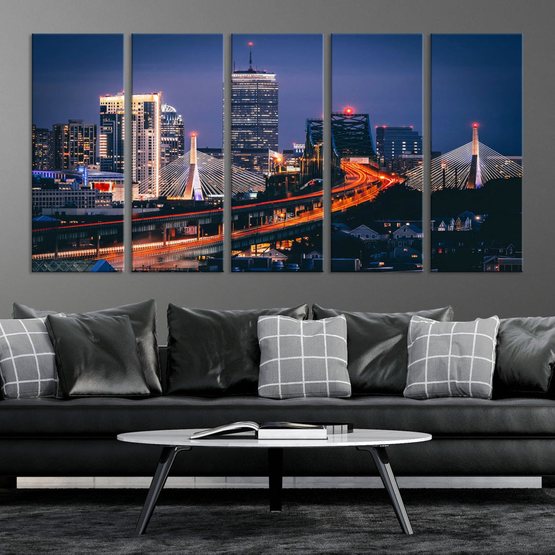 Boston Night Blue Skyline Canvas Art Print Framed Cityscape Picture Wall Decor