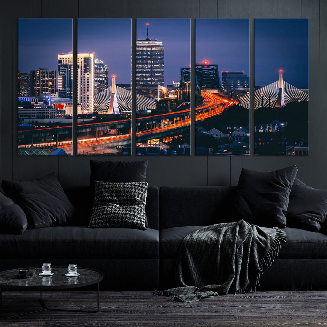 Boston Night Blue Skyline Canvas Art Print Framed Cityscape Picture Wall Decor