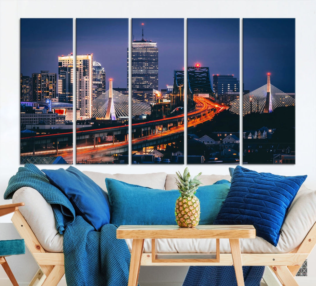 Boston Night Blue Skyline Canvas Art Print Framed Cityscape Picture Wall Decor