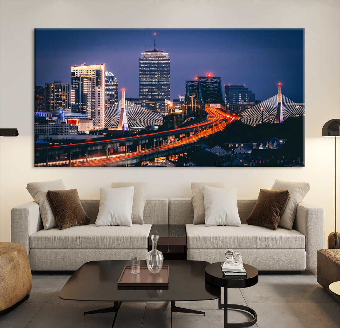 Boston Night Blue Skyline Canvas Art Print Framed Cityscape Picture Wall Decor