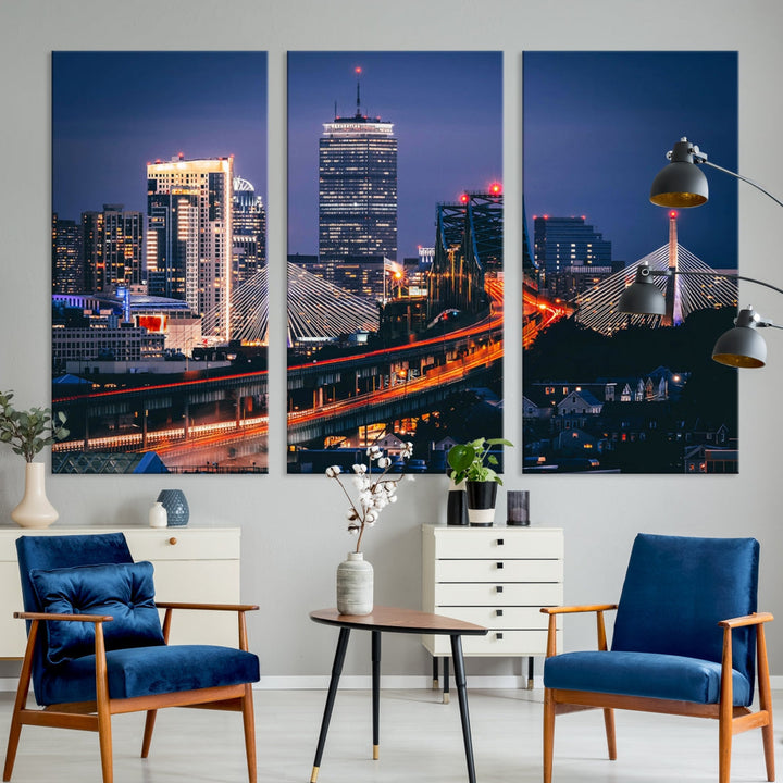 Boston Night Blue Skyline Canvas Art Print Framed Cityscape Picture Wall Decor