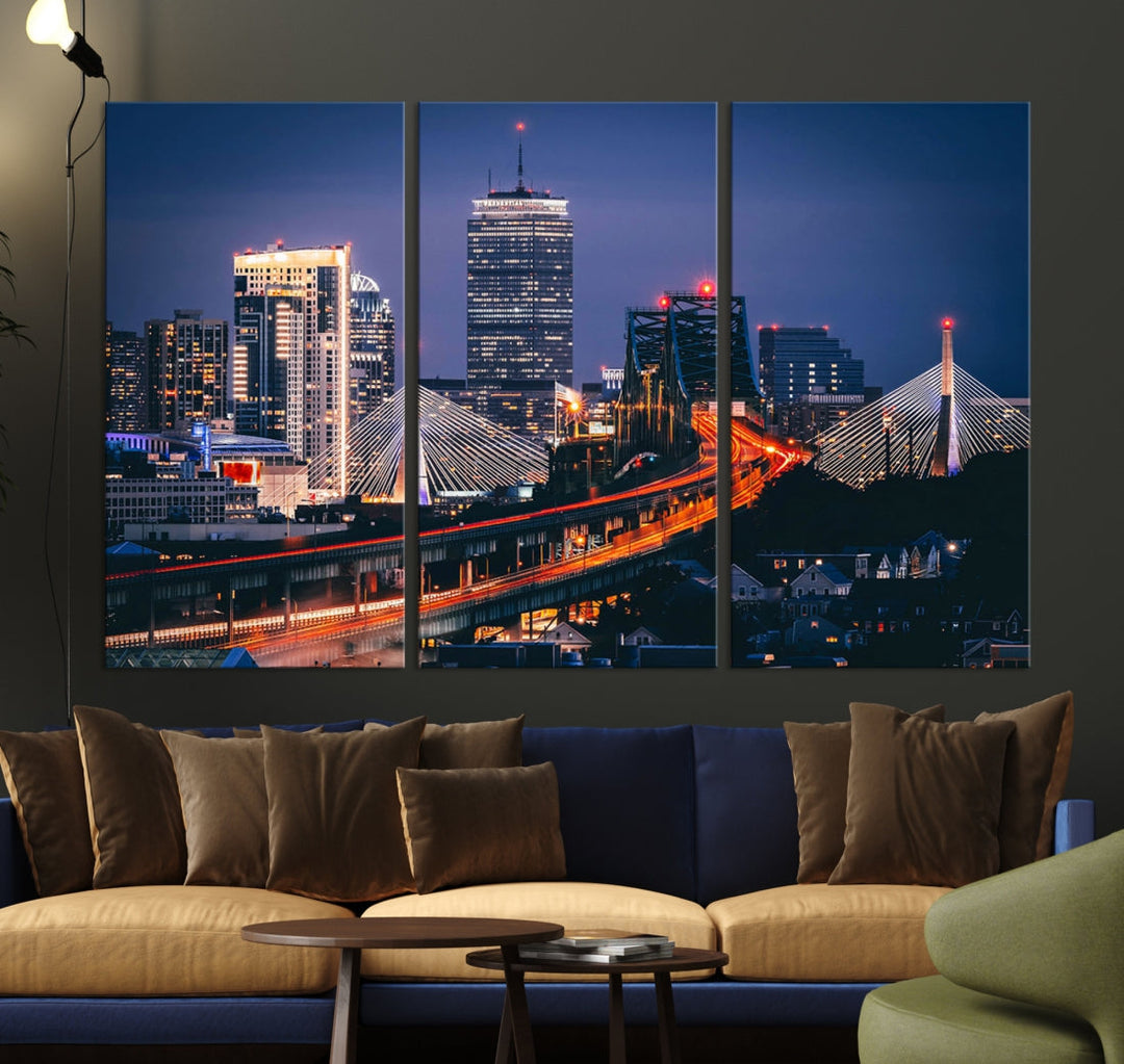 Boston Night Blue Skyline Canvas Art Print Framed Cityscape Picture Wall Decor