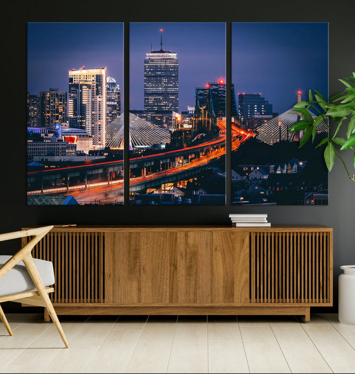 Boston Night Blue Skyline Canvas Art Print Framed Cityscape Picture Wall Decor