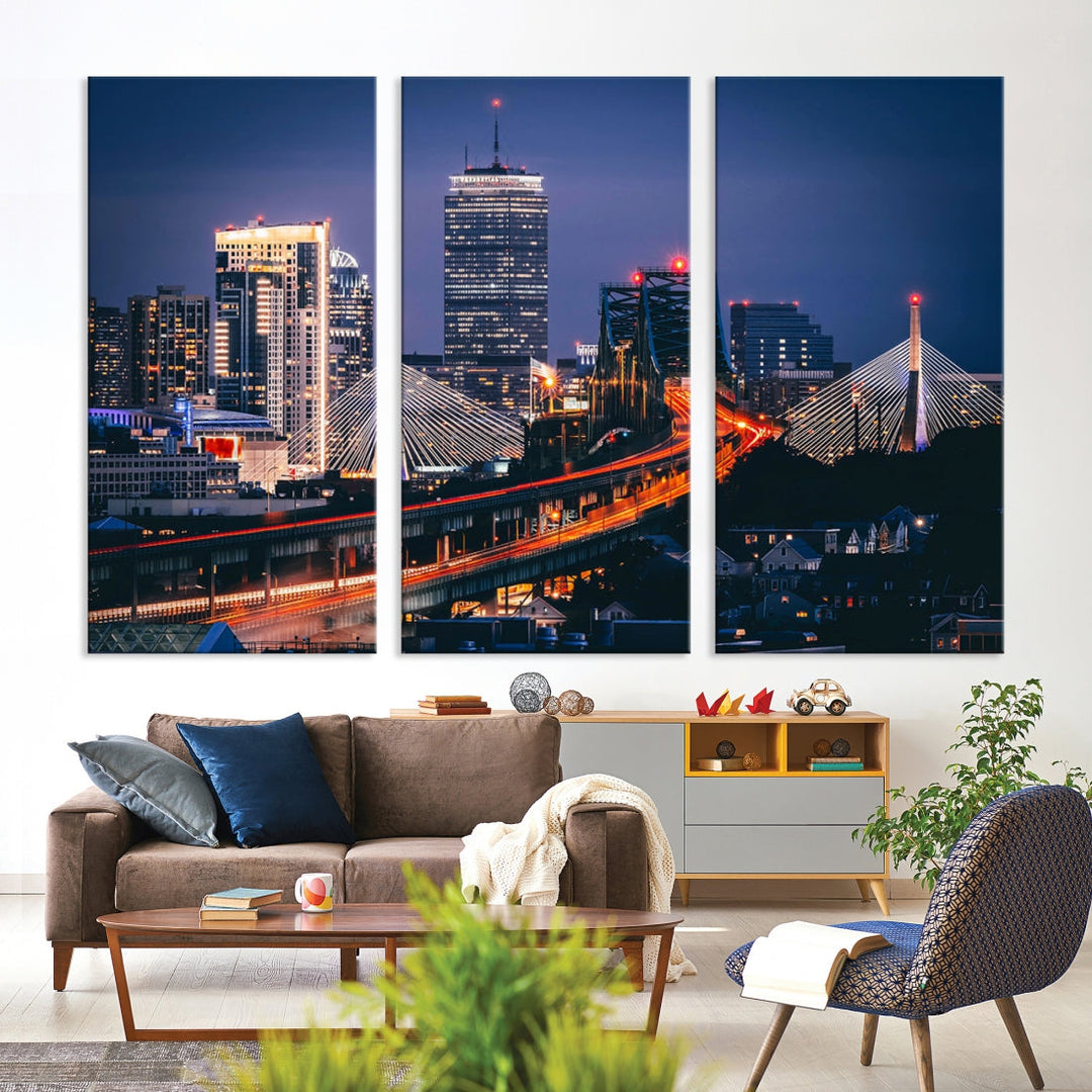 Boston Night Blue Skyline Canvas Art Print Framed Cityscape Picture Wall Decor