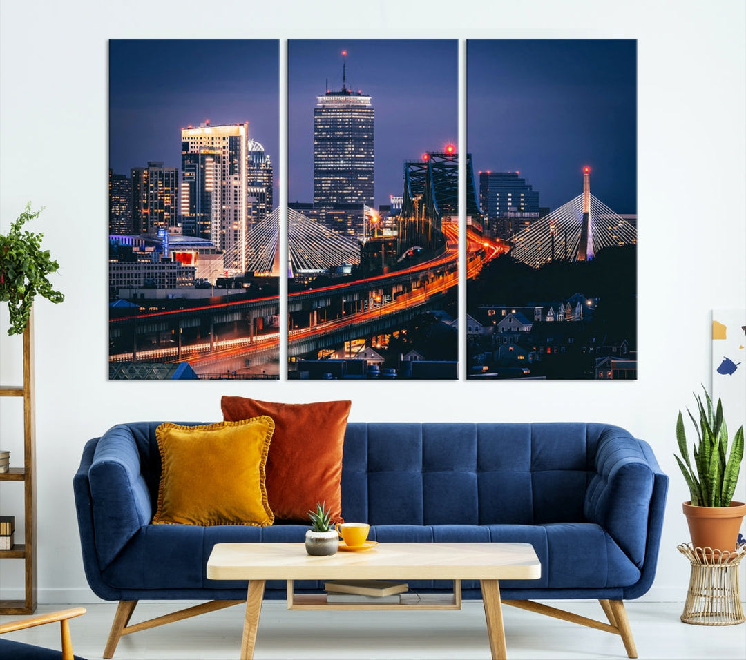 Boston Night Blue Skyline Canvas Art Print Framed Cityscape Picture Wall Decor