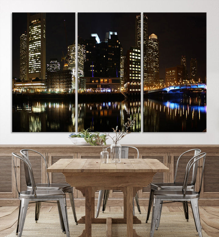 Boston Night City Lights Downtown Skyline Cityscape View Canvas Art Print