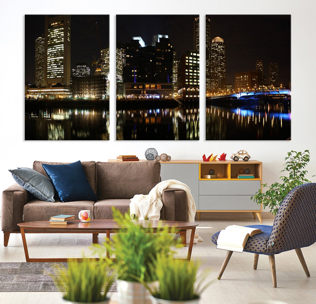 Boston Night City Lights Downtown Skyline Cityscape View Canvas Art Print