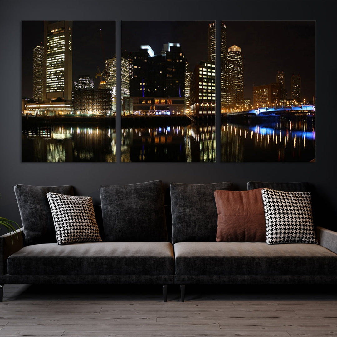 Boston Night City Lights Downtown Skyline Cityscape View Canvas Art Print