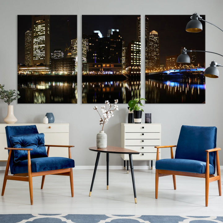 Boston Night City Lights Downtown Skyline Cityscape View Canvas Art Print