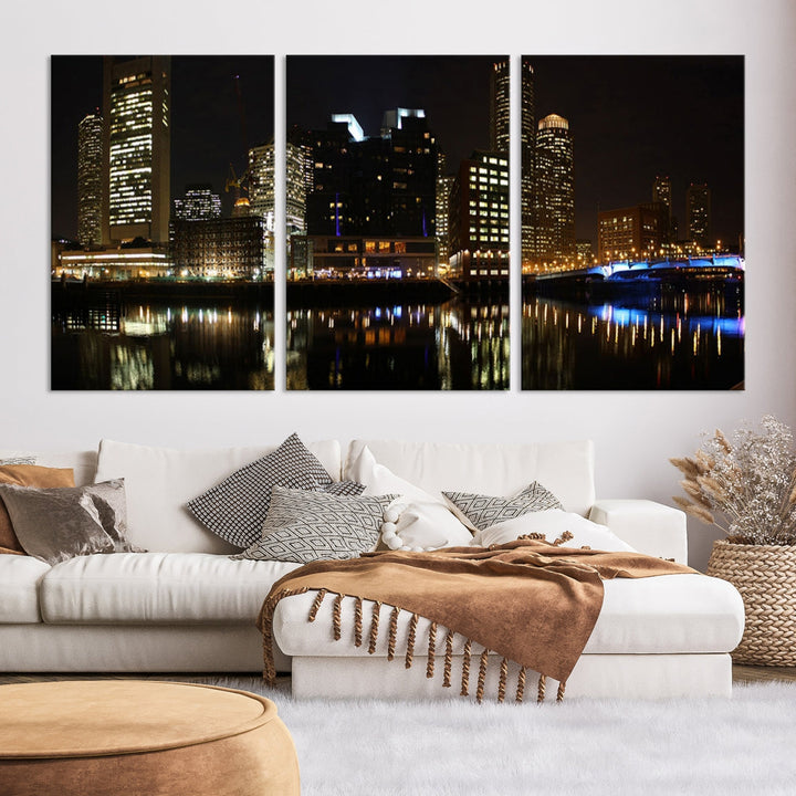 Boston Night City Lights Downtown Skyline Cityscape View Canvas Art Print