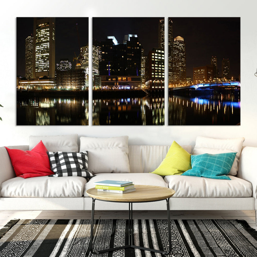 Boston Night City Lights Downtown Skyline Cityscape View Canvas Art Print