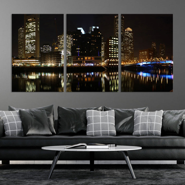 Boston Night City Lights Downtown Skyline Cityscape View Canvas Art Print