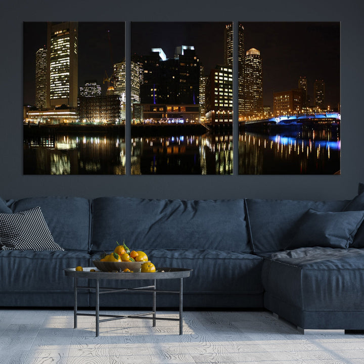 Boston Night City Lights Downtown Skyline Cityscape View Canvas Art Print