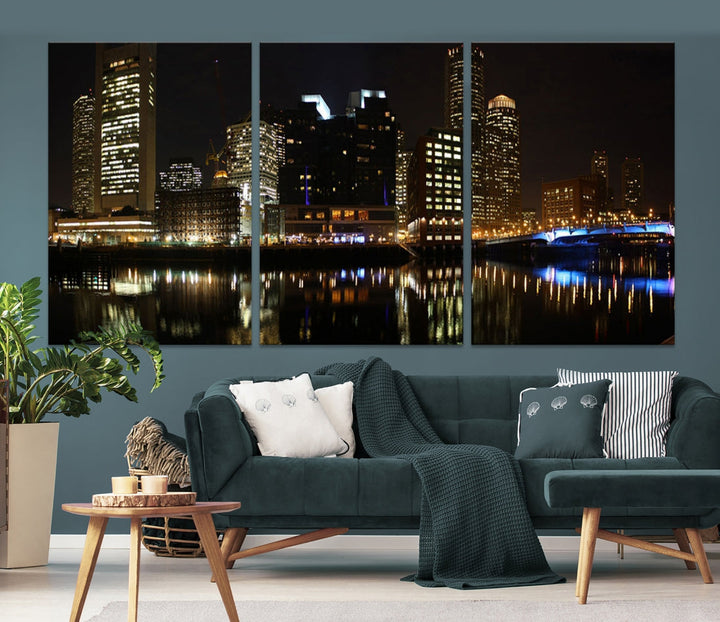 Boston Night City Lights Downtown Skyline Cityscape View Canvas Art Print