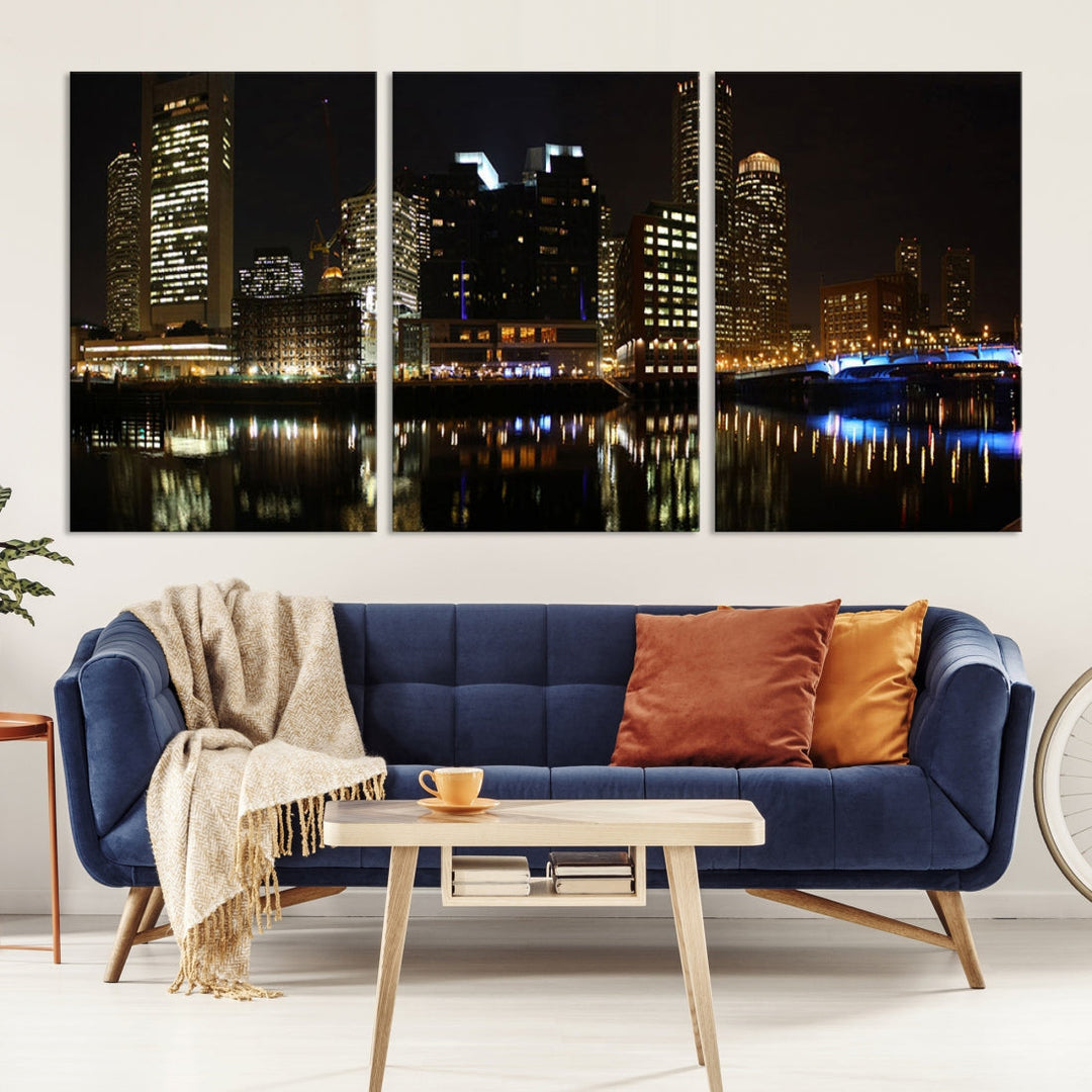 Boston Night City Lights Downtown Skyline Cityscape View Canvas Art Print