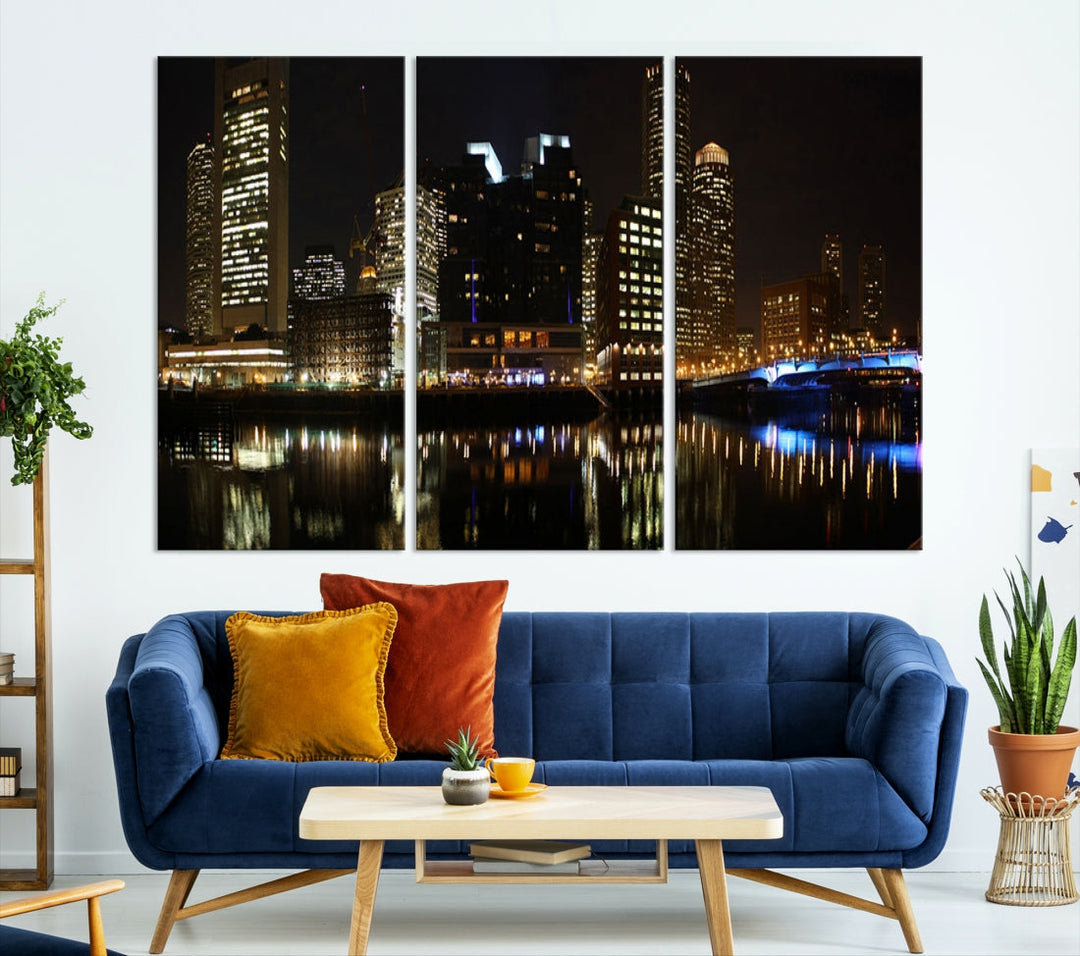 Boston Night City Lights Downtown Skyline Cityscape View Canvas Art Print