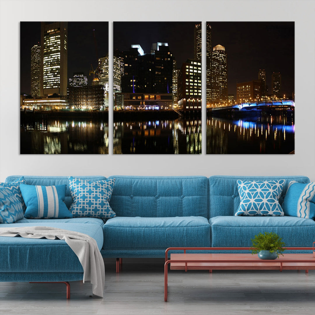 Boston Night City Lights Downtown Skyline Cityscape View Canvas Art Print