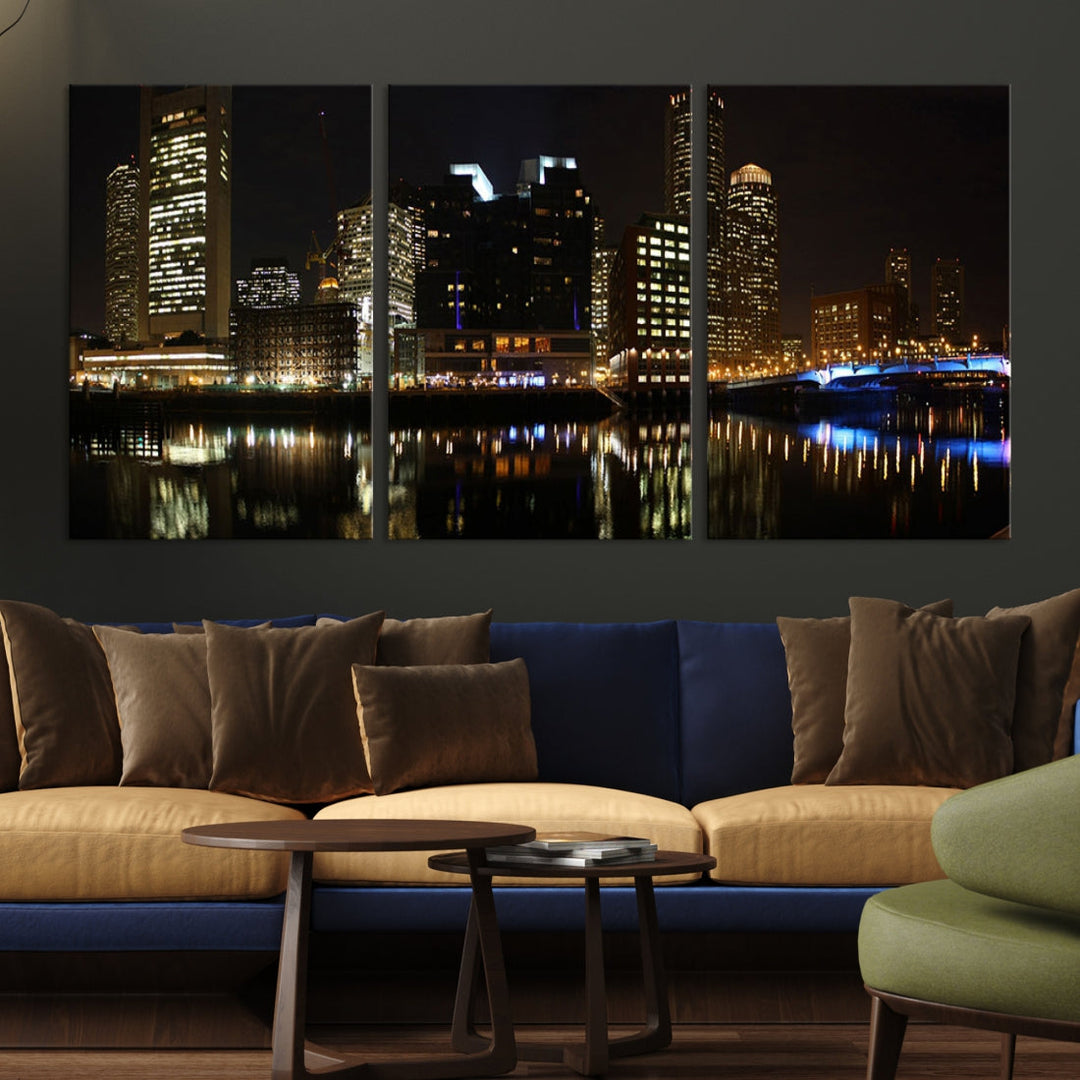 Boston Night City Lights Downtown Skyline Cityscape View Canvas Art Print