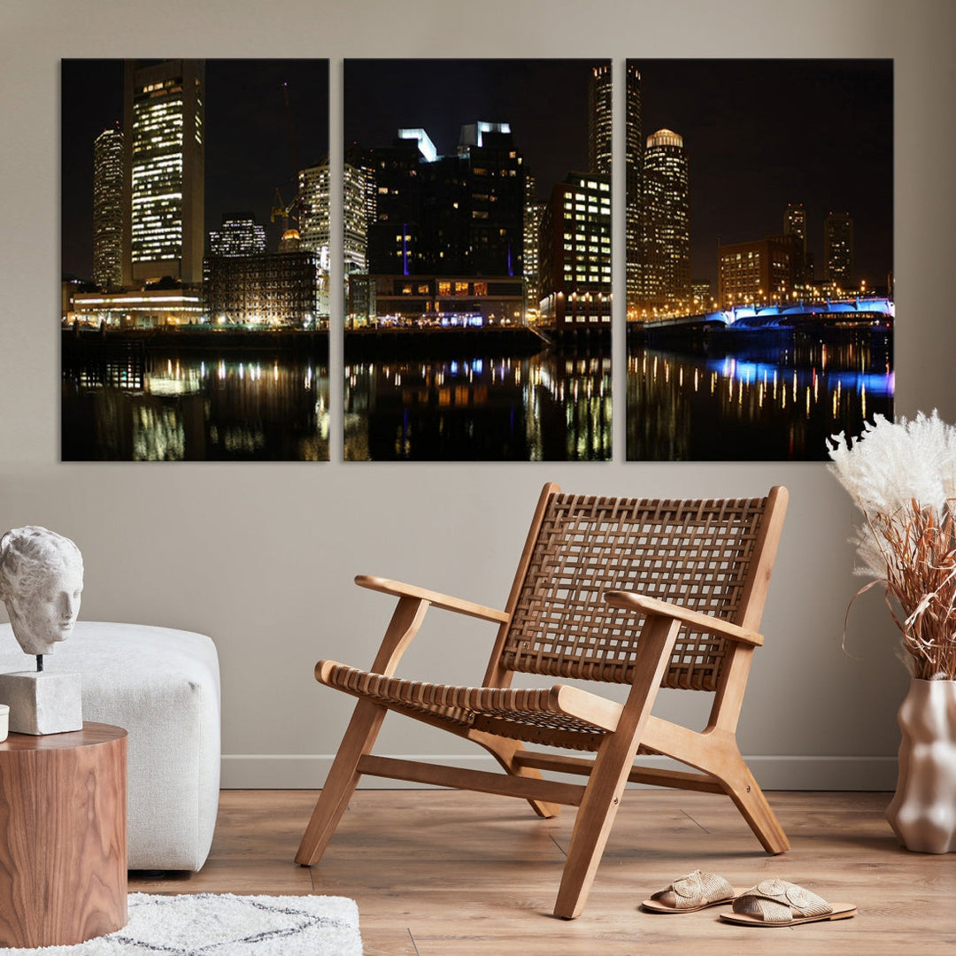 Boston Night City Lights Downtown Skyline Cityscape View Canvas Art Print