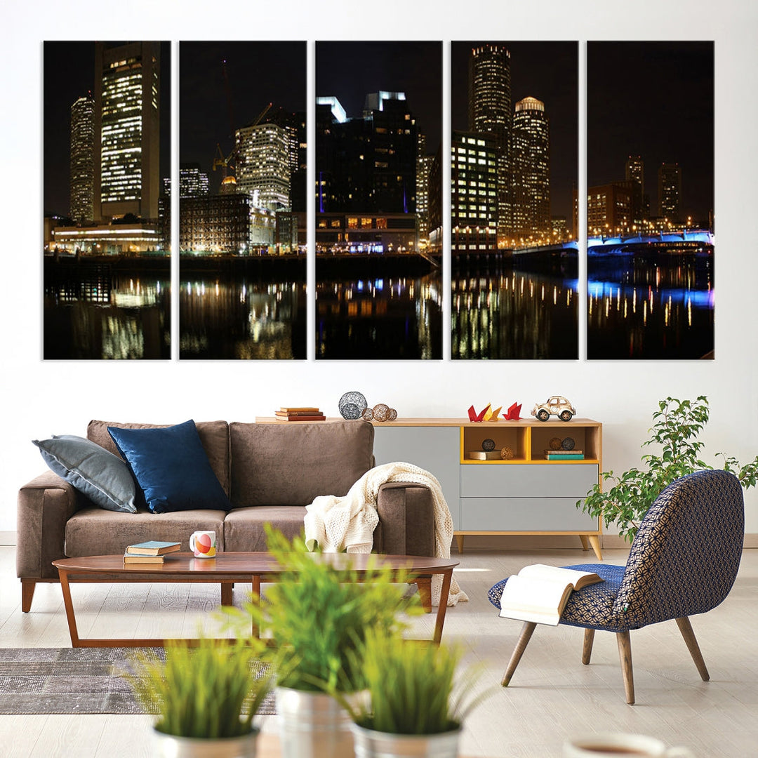 Boston Night City Lights Downtown Skyline Cityscape View Canvas Art Print