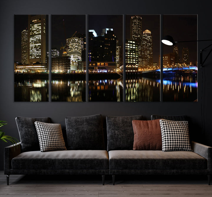 Boston Night City Lights Downtown Skyline Cityscape View Canvas Art Print