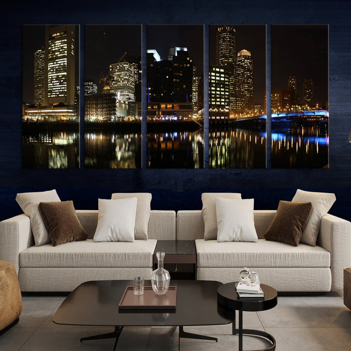 Boston Night City Lights Downtown Skyline Cityscape View Canvas Art Print