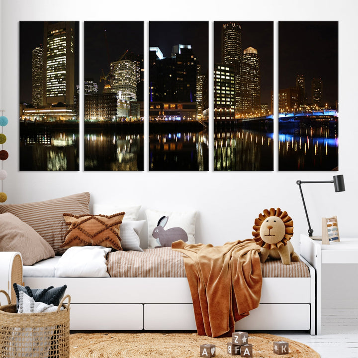 Boston Night City Lights Downtown Skyline Cityscape View Canvas Art Print