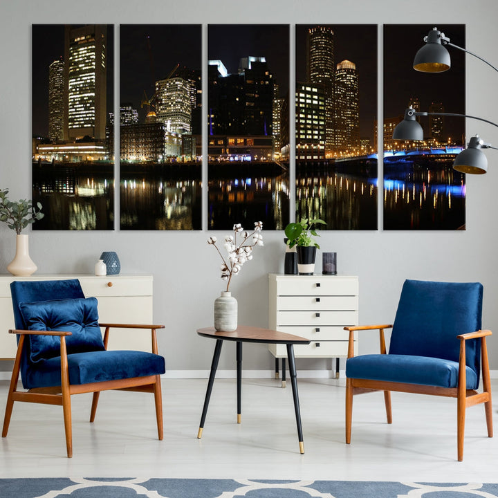 Boston Night City Lights Downtown Skyline Cityscape View Canvas Art Print