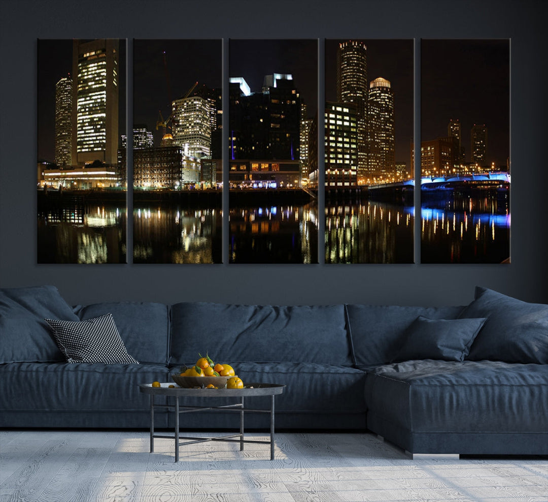 Boston Night City Lights Downtown Skyline Cityscape View Canvas Art Print