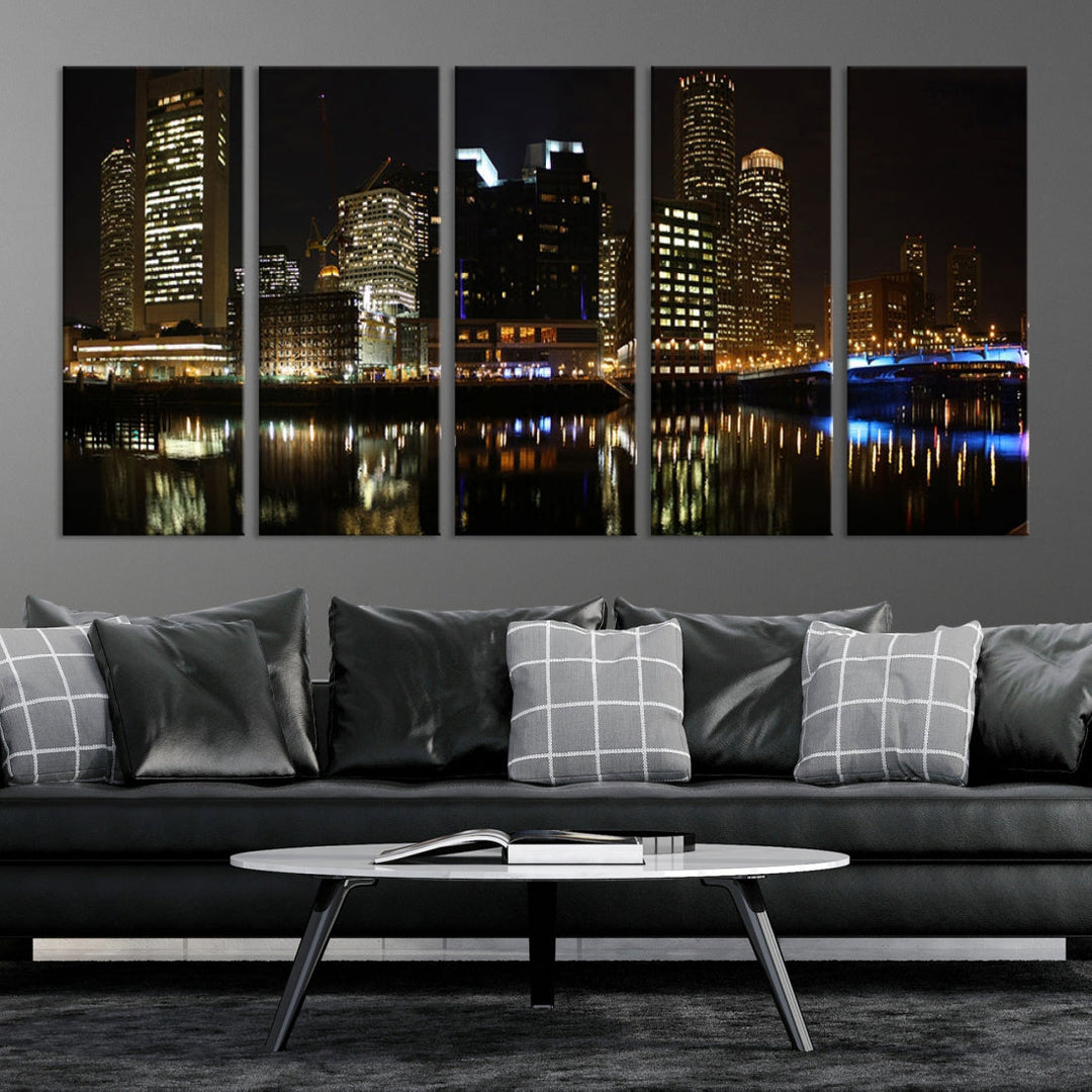 Boston Night City Lights Downtown Skyline Cityscape View Canvas Art Print