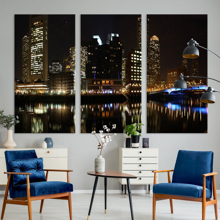 Boston Night City Lights Downtown Skyline Cityscape View Canvas Art Print