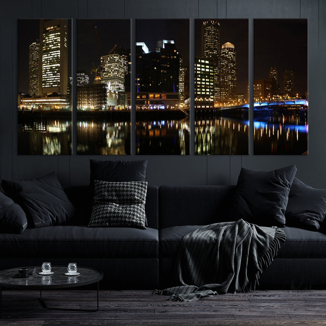 Boston Night City Lights Downtown Skyline Cityscape View Canvas Art Print