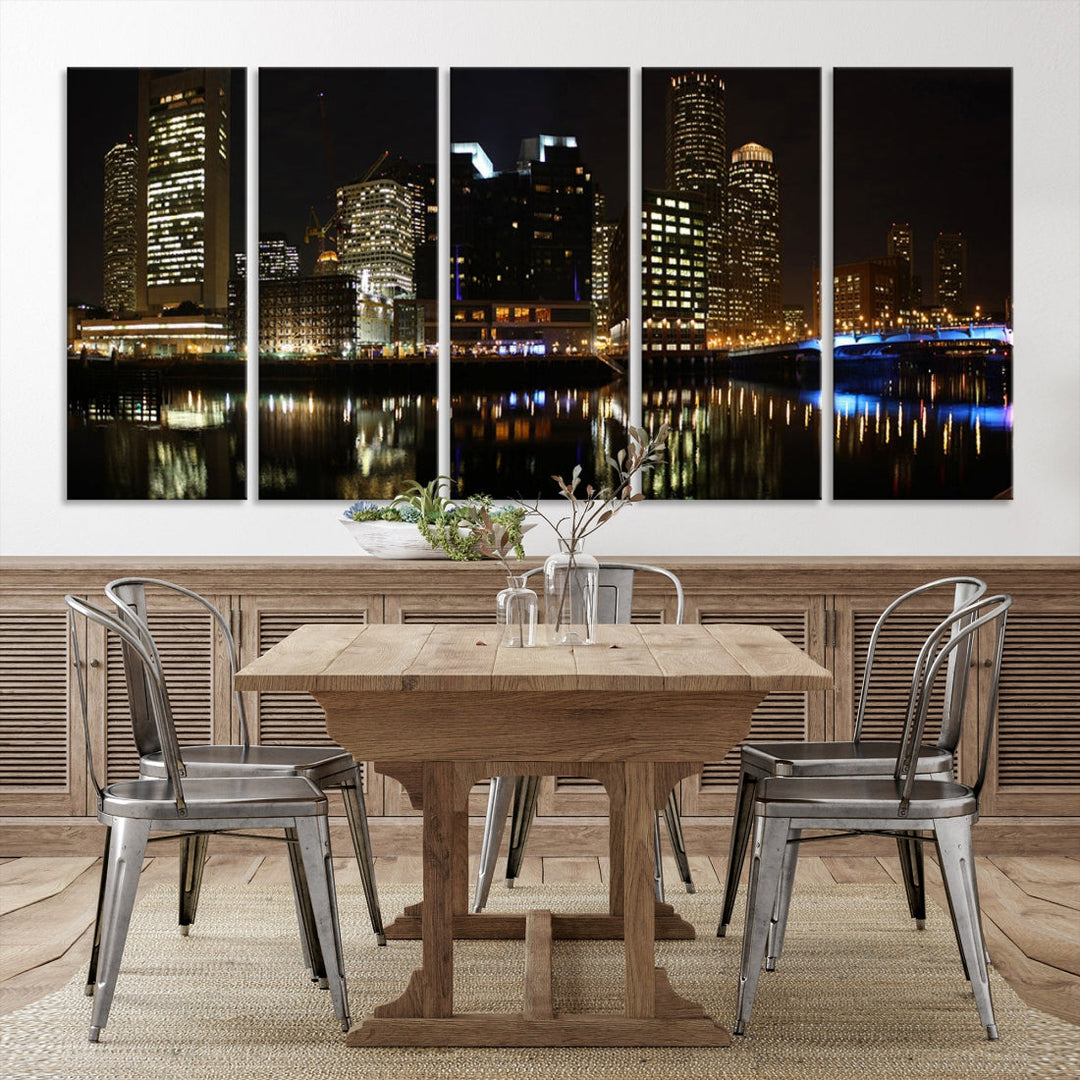 Boston Night City Lights Downtown Skyline Cityscape View Canvas Art Print