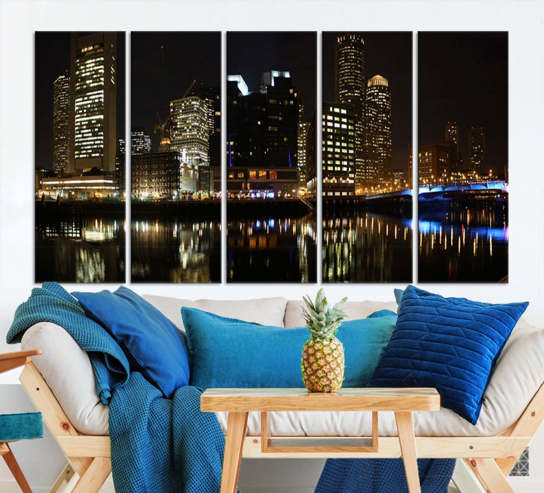 Boston Night City Lights Downtown Skyline Cityscape View Canvas Art Print