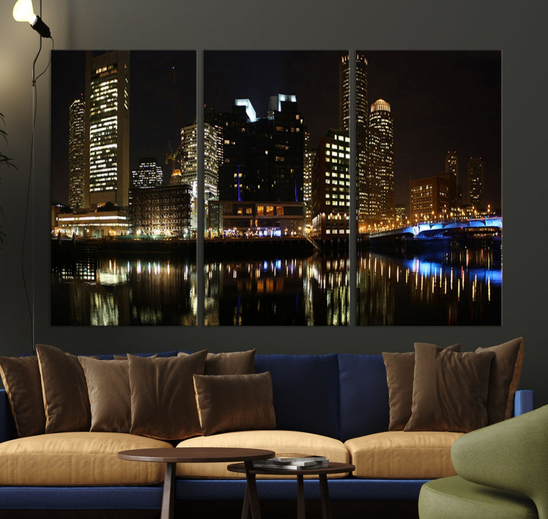 Boston Night City Lights Downtown Skyline Cityscape View Canvas Art Print