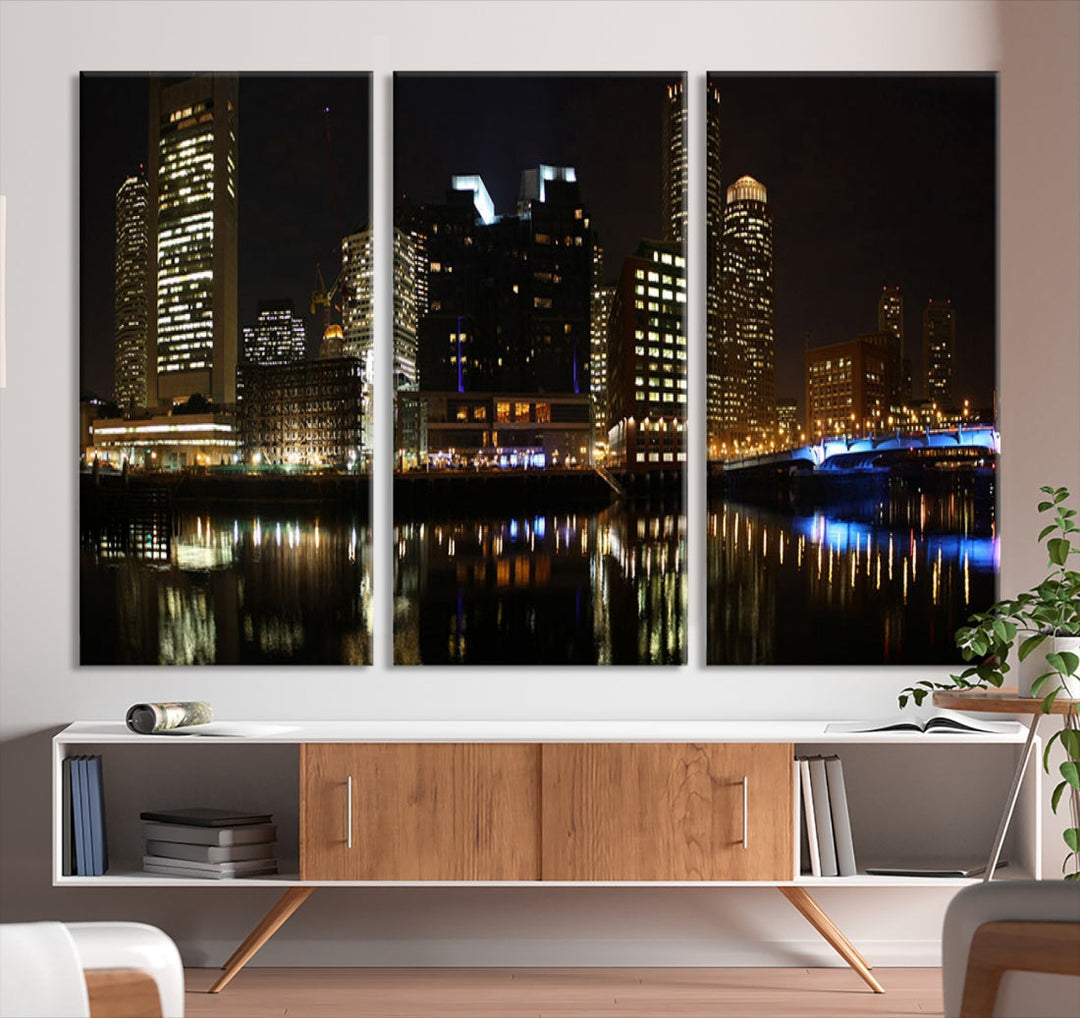 Boston Night City Lights Downtown Skyline Cityscape View Canvas Art Print