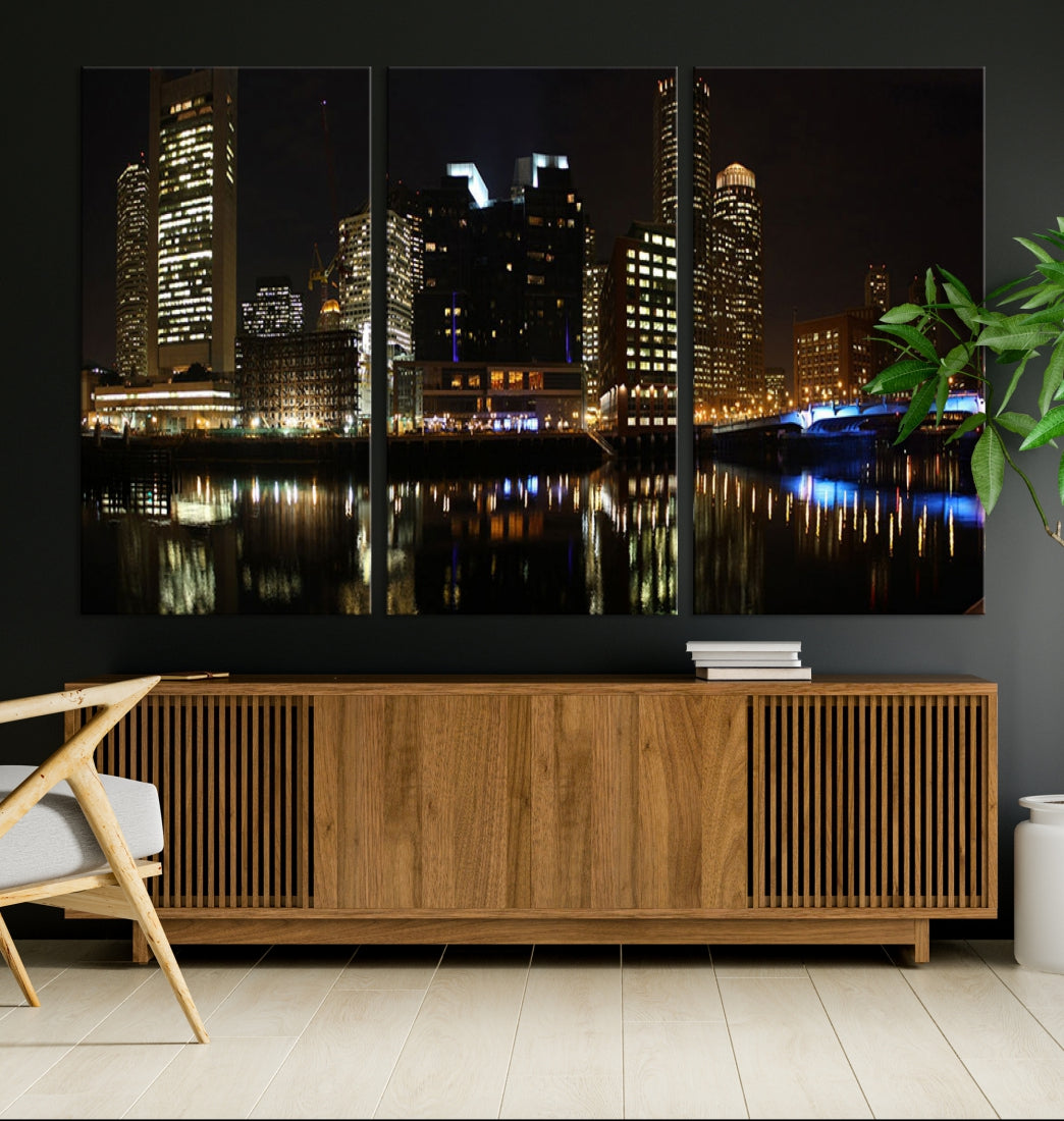 Boston Night City Lights Downtown Skyline Cityscape View Canvas Art Print