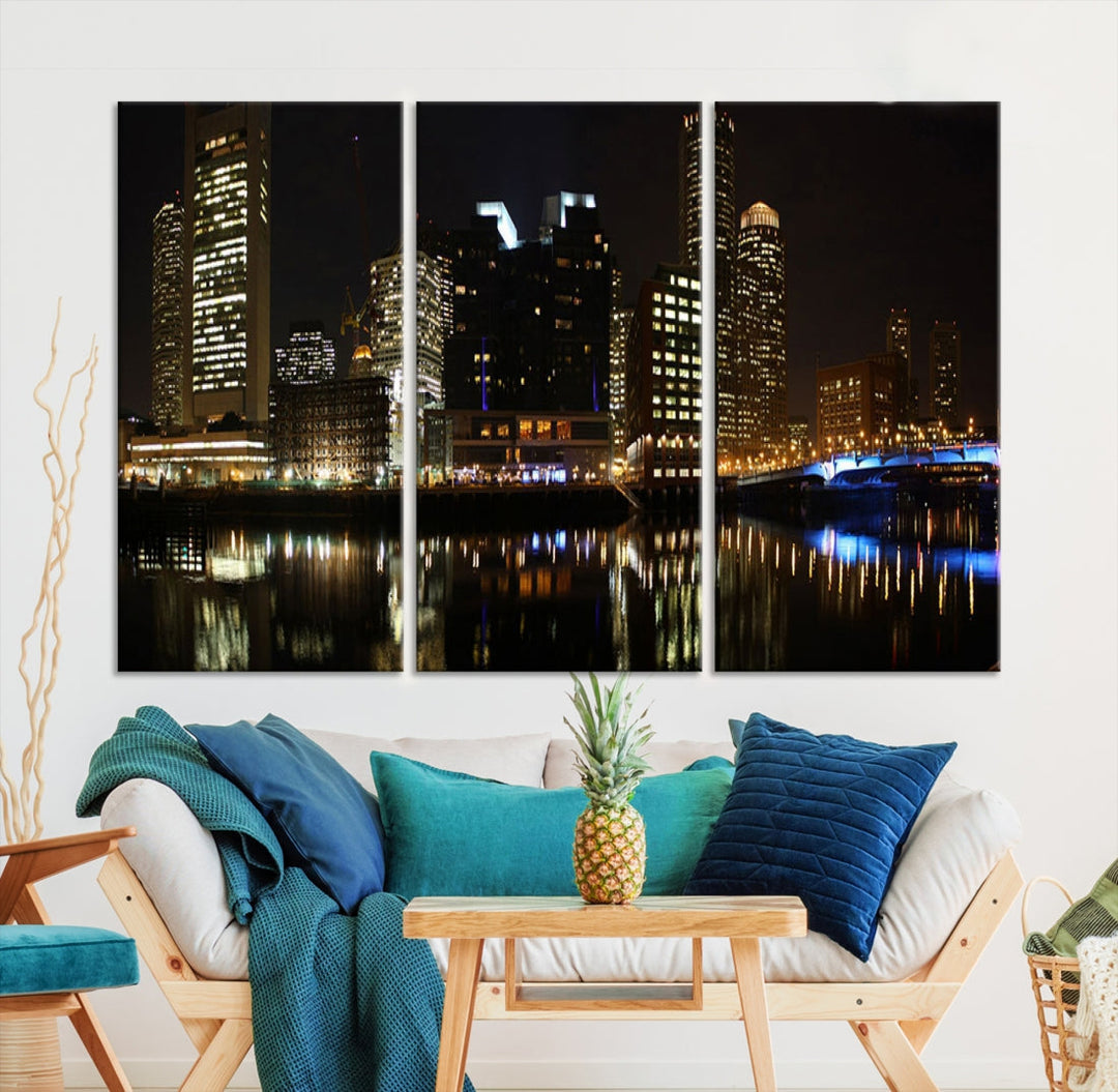 Boston Night City Lights Downtown Skyline Cityscape View Canvas Art Print