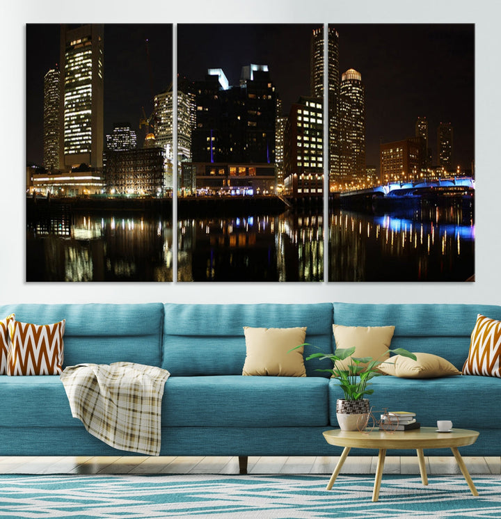 Boston Night City Lights Downtown Skyline Cityscape View Canvas Art Print