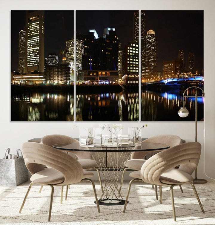 Boston Night City Lights Downtown Skyline Cityscape View Canvas Art Print