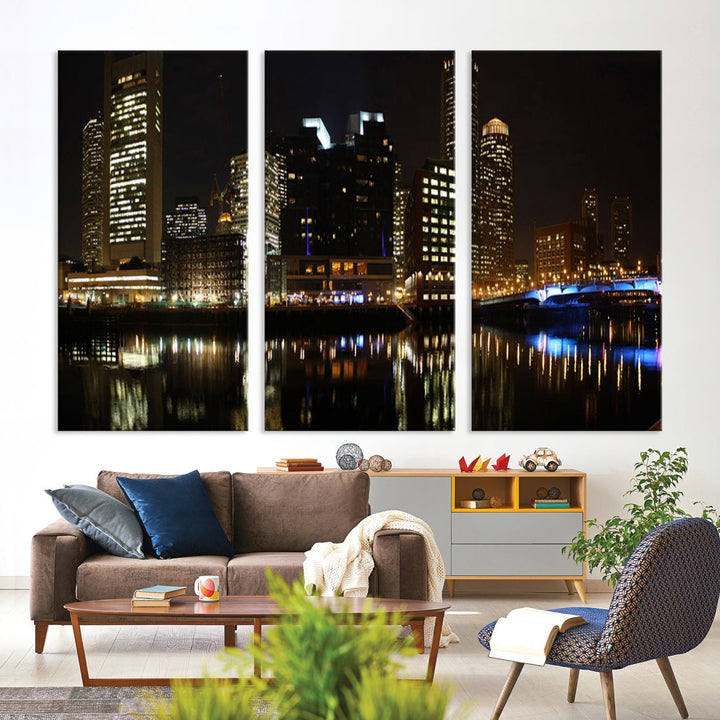 Boston Night City Lights Downtown Skyline Cityscape View Canvas Art Print