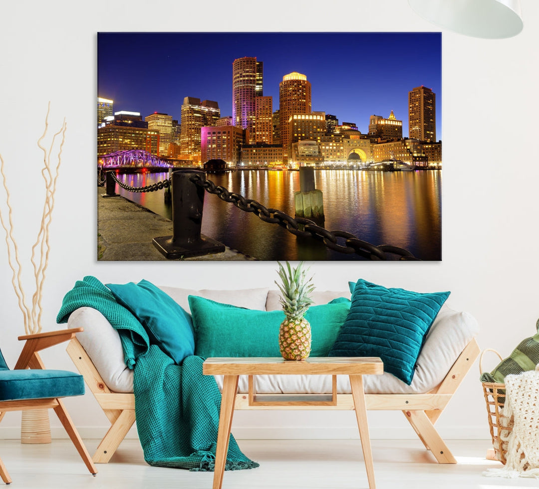 Boston Night Skyline Cityscape Photo Print Large Canvas Wall Art