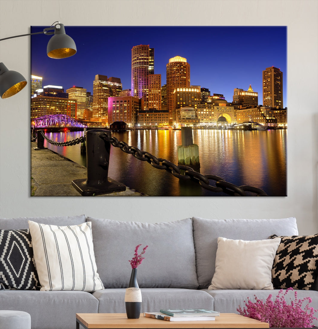 Boston Night Skyline Cityscape Photo Print Large Canvas Wall Art