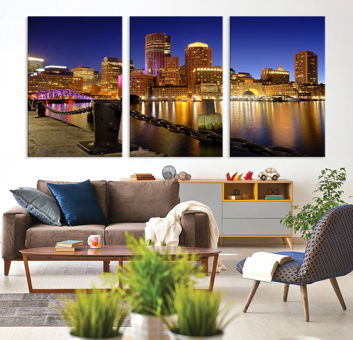 Boston Night Skyline Cityscape Photo Print Large Canvas Wall Art