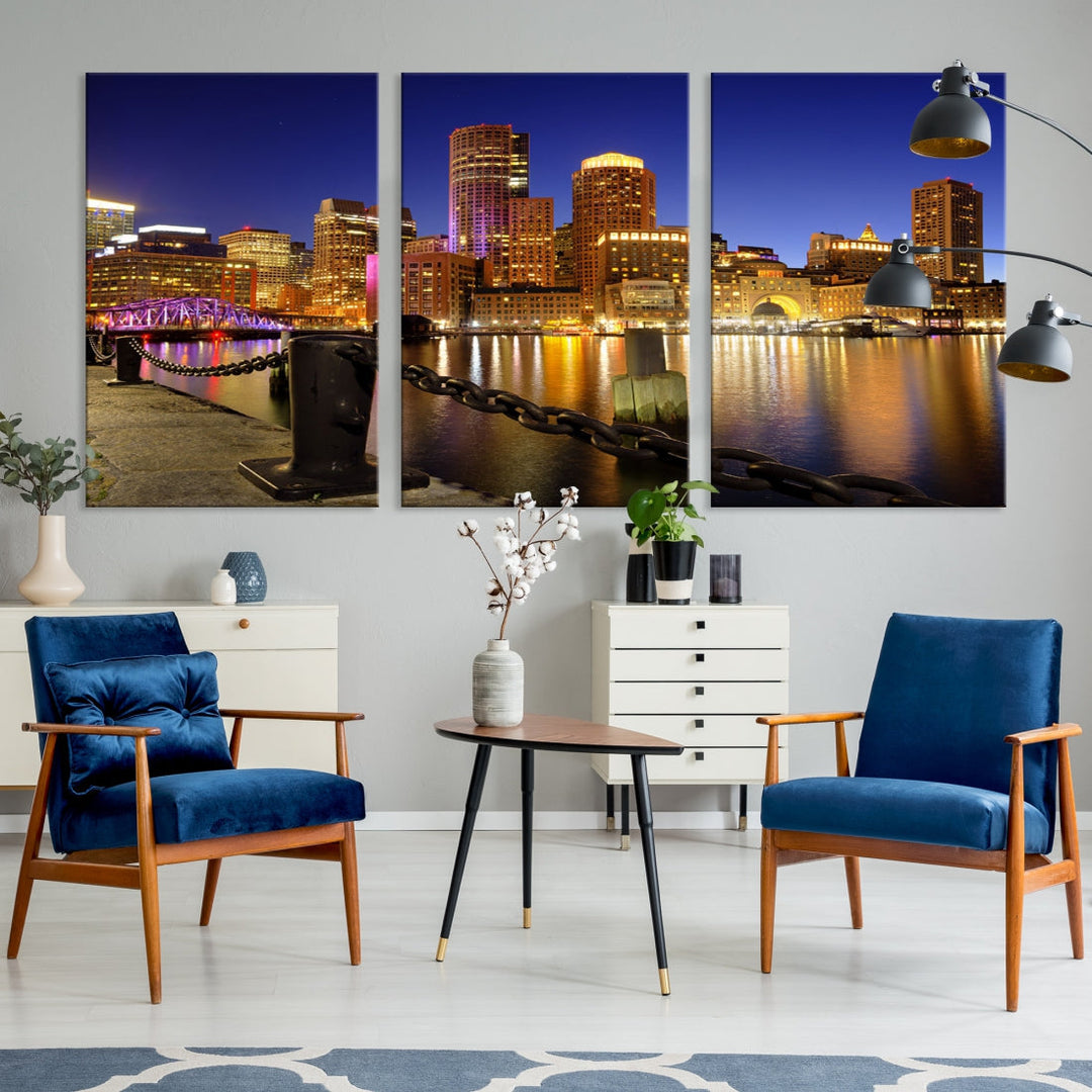 Boston Night Skyline Cityscape Photo Print Large Canvas Wall Art