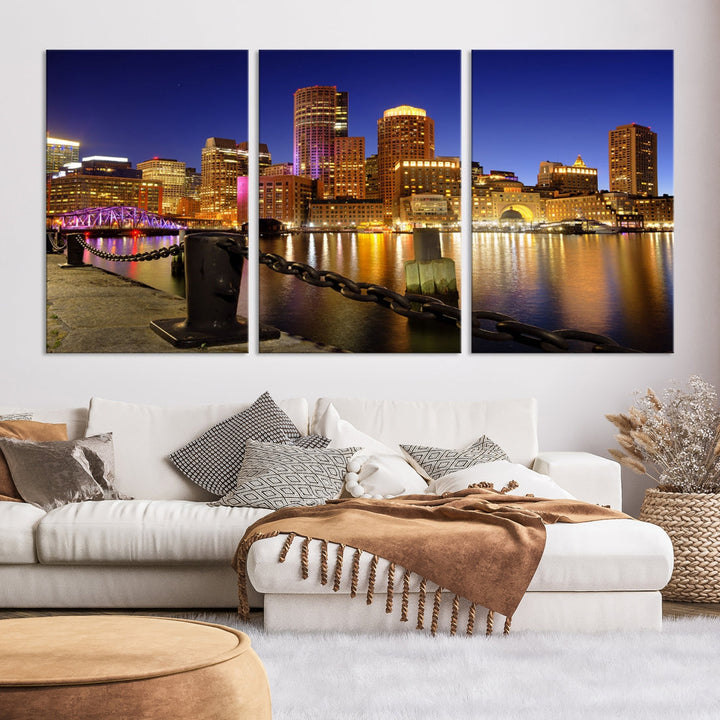 Boston Night Skyline Cityscape Photo Print Large Canvas Wall Art