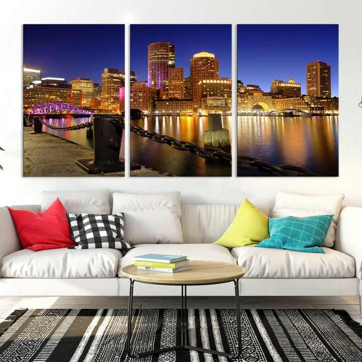 Boston Night Skyline Cityscape Photo Print Large Canvas Wall Art